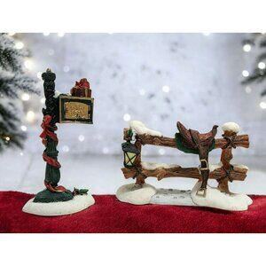 VTG O'Well Mailbox & Wood Saddle Fence Snow Lamp Christmas Village Holiday Decor